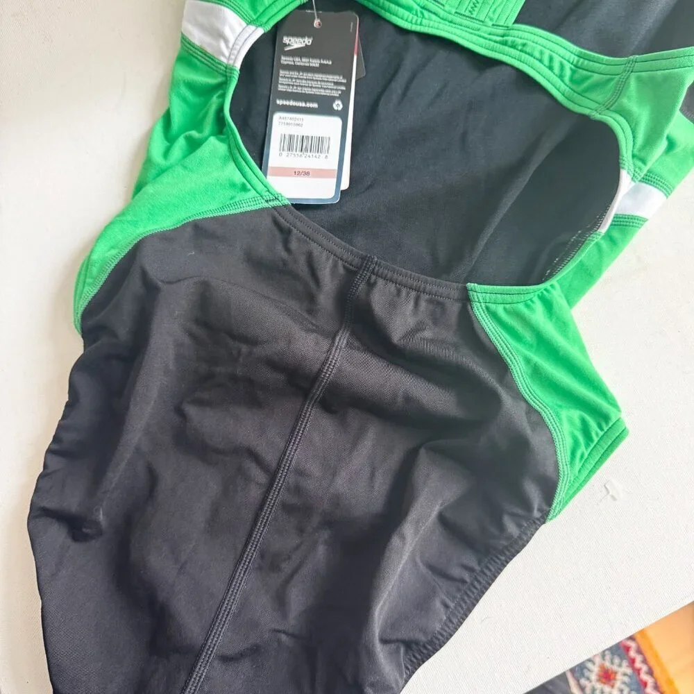 Speedo Endurance Black Green Color block Sports One Piece Swimsuit 12